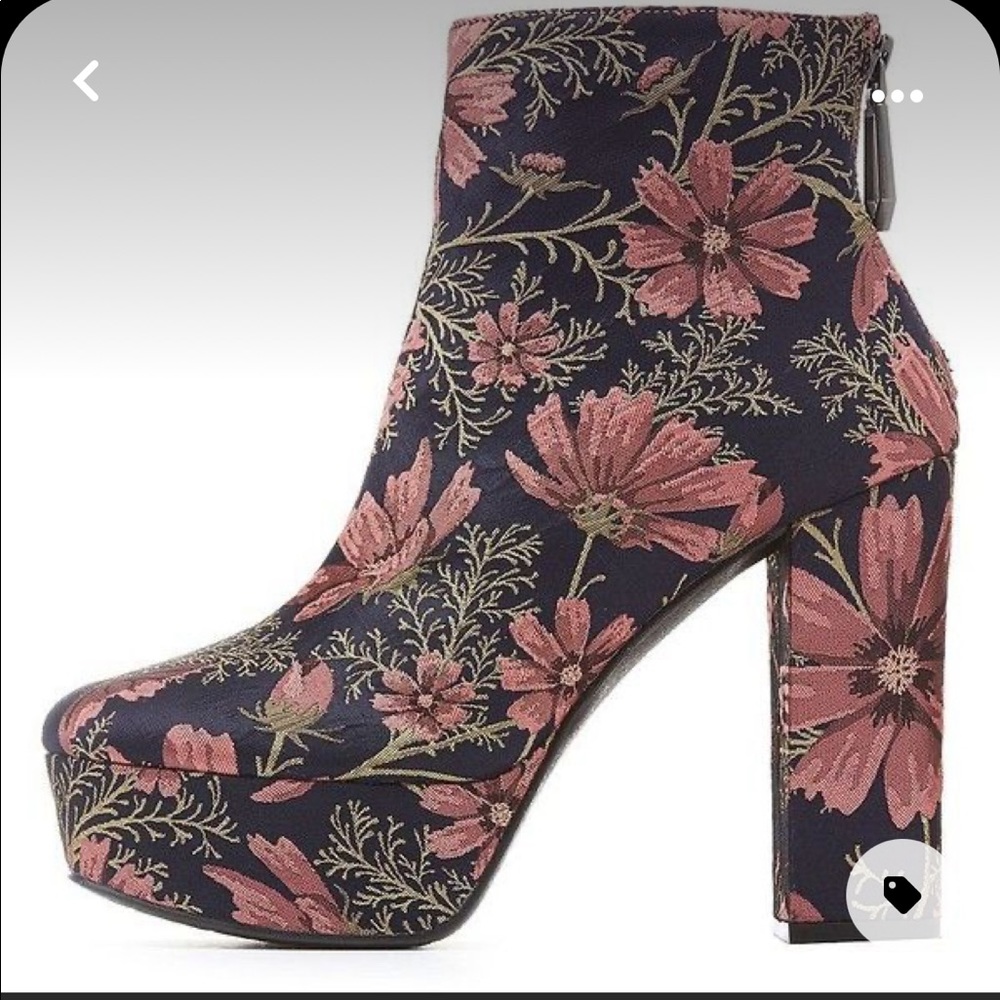 Qupid Floral Heeled Boots - Pink and Black